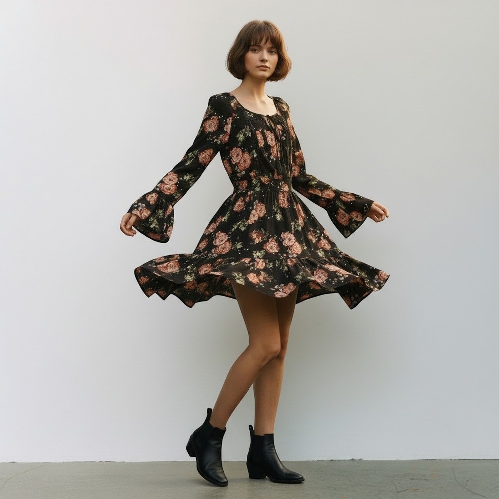 NEW American Rag Womens Floral Long Sleeve Boho Dress M Black Peach Lace Trim